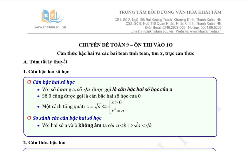 Toán 9: Tài liệu Ôn thi vào 10. Chuyên đề: Căn thức bậc 2 và các bài toán tìm x. Trục căn thức